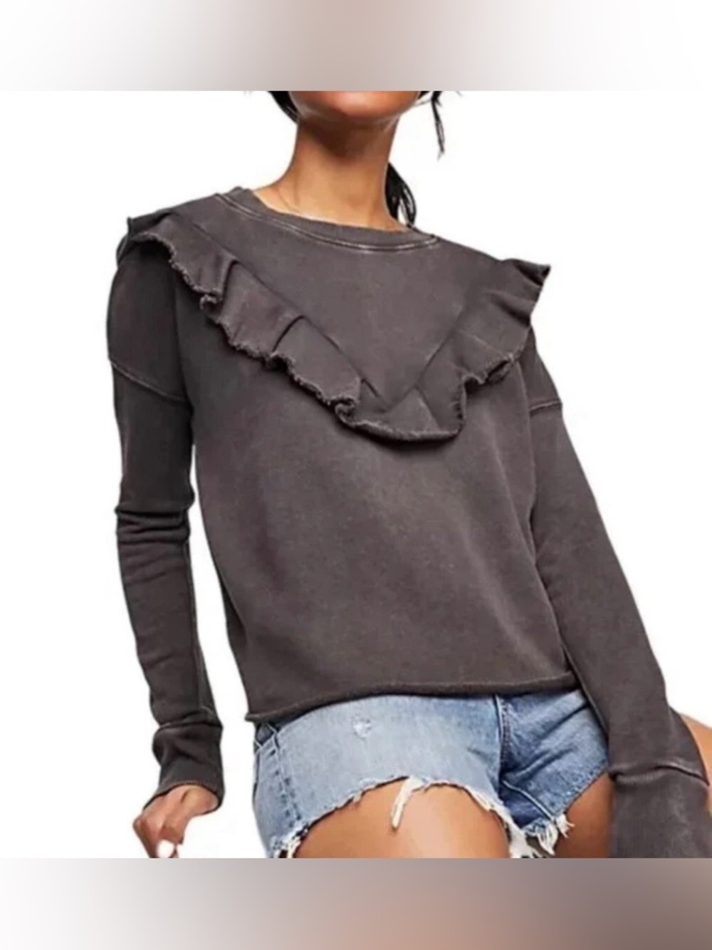 Free People Washed Gray Lightweight Cotton Ruffle Pullover - Size S - Picture 3 of 7